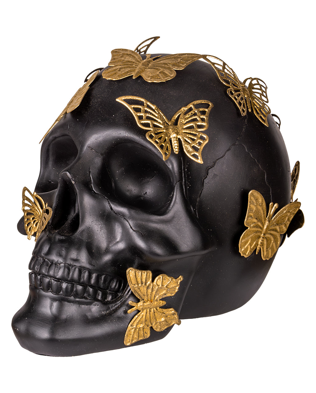 Black Skull With Golden Butterflies 19cm