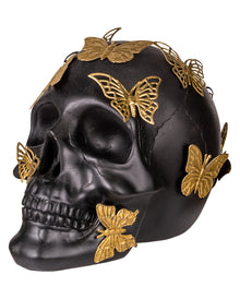Black Skull With Golden Butterflies 19cm
