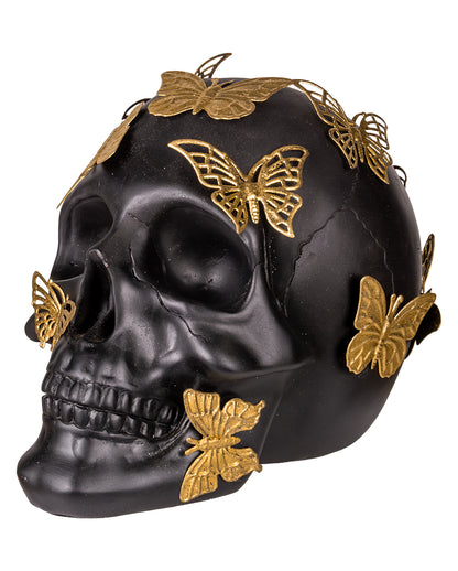 Black Skull With Golden Butterflies 19cm