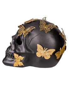 Black Skull With Golden Butterflies 19cm