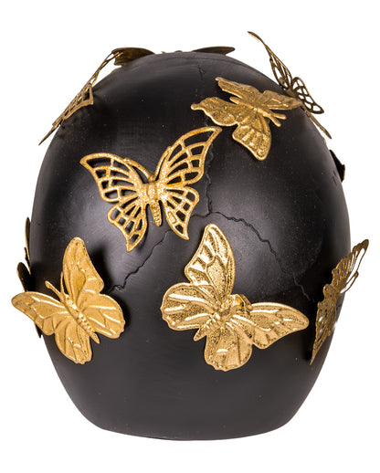 Black Skull With Golden Butterflies 19cm