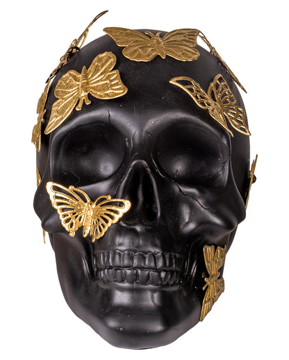 Black Skull With Golden Butterflies 19cm
