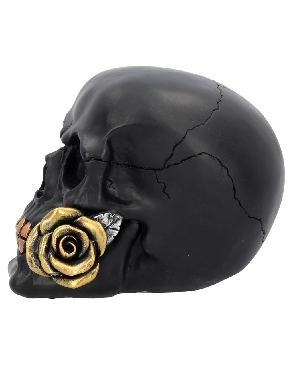 Schwarzer Totenschädel mit goldener Rose 15cm