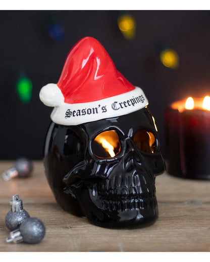 Schwarzer Totenschädel mit Weihnachtsmütze Teelichthalter