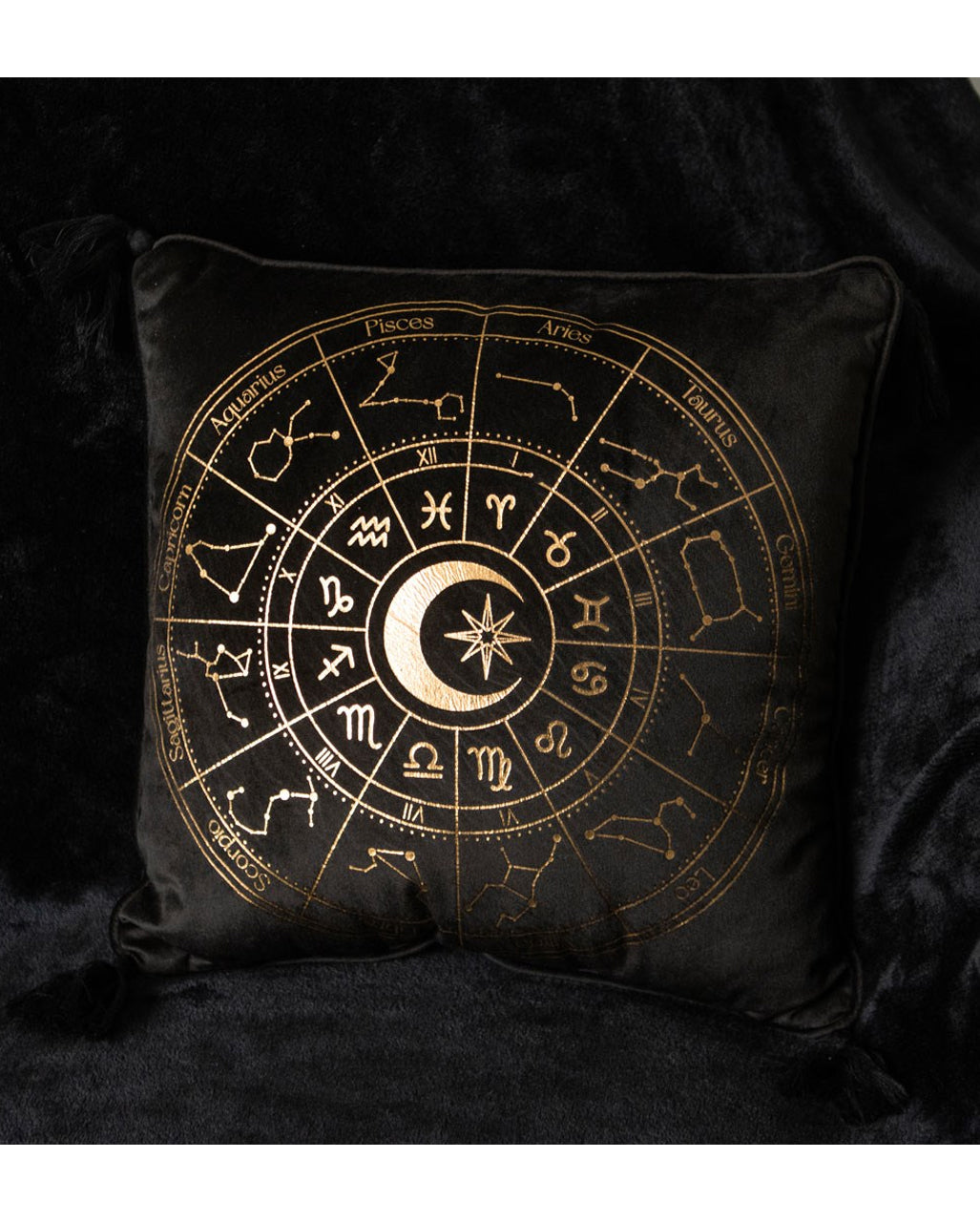 Schwarzes Astrologierad Kissen 35x35cm