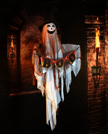 Schwebendes Gespenst mit Hexenhut, Bewegung, Sound & Light 120cm