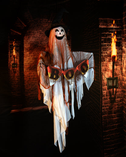 Schwebendes Gespenst mit Hexenhut, Bewegung, Sound & Light 120cm