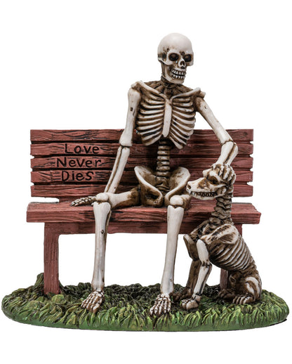 Skelett Figur auf Gartenbank mit Hund 12cm