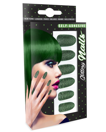 Emerald Green Glitter Fingernails 12 Pcs.