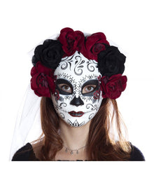 Sugar Skull Maske mit Blumen & Schleier