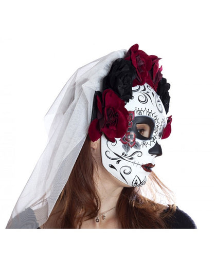 Sugar Skull Maske mit Blumen & Schleier