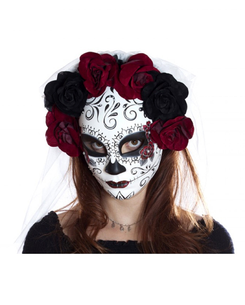 Sugar Skull Maske mit Blumen & Schleier