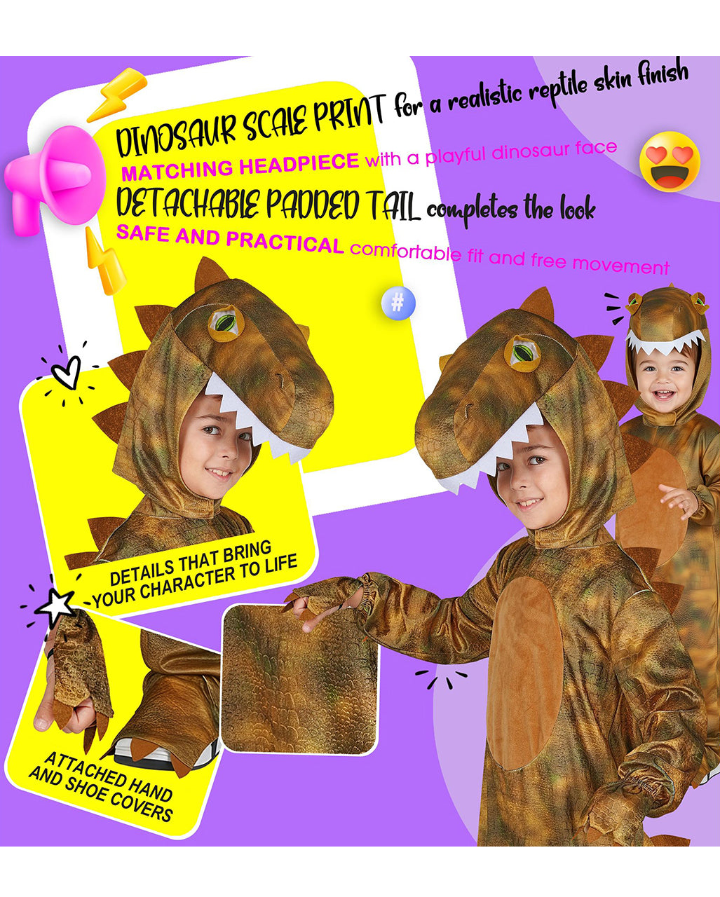 T-Rex Jumpsuit Kinder Kostüm mit Mütze