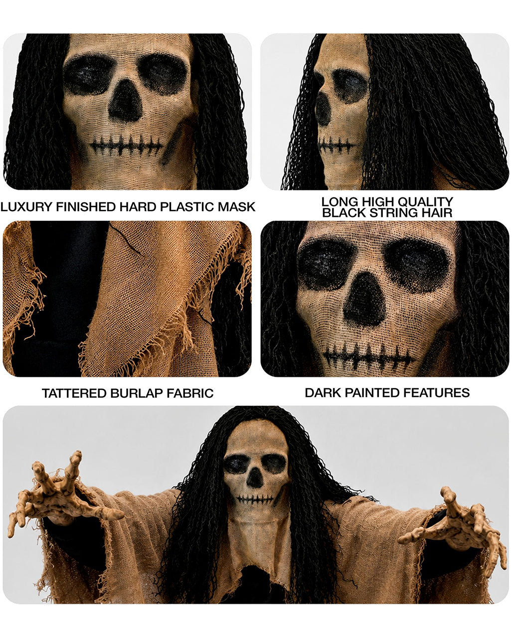 Skull Patterned Jute Mask with Hood and Hair