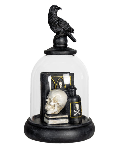 Totenkopf mit Büchern unter Glasglocke mit Raben 23,5cm