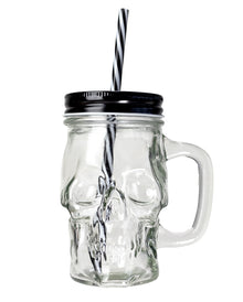 Totenkopf Trinkglas mit Deckel & Strohhalm