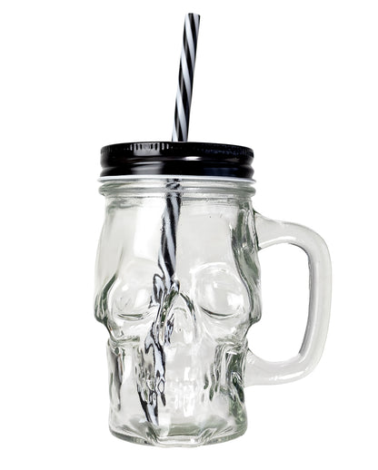 Totenkopf Trinkglas mit Deckel & Strohhalm