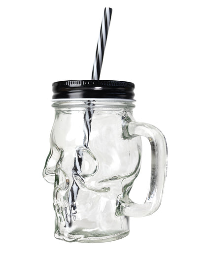 Totenkopf Trinkglas mit Deckel & Strohhalm