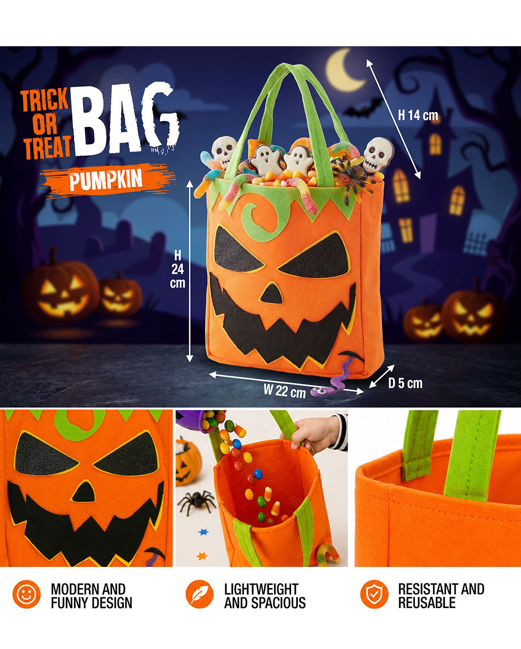 Trick or Treat Halloween Kürbis Sammeltasche