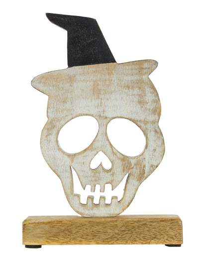 Urbaner Totenschädel mit Hexenhut aus Holz 23cm