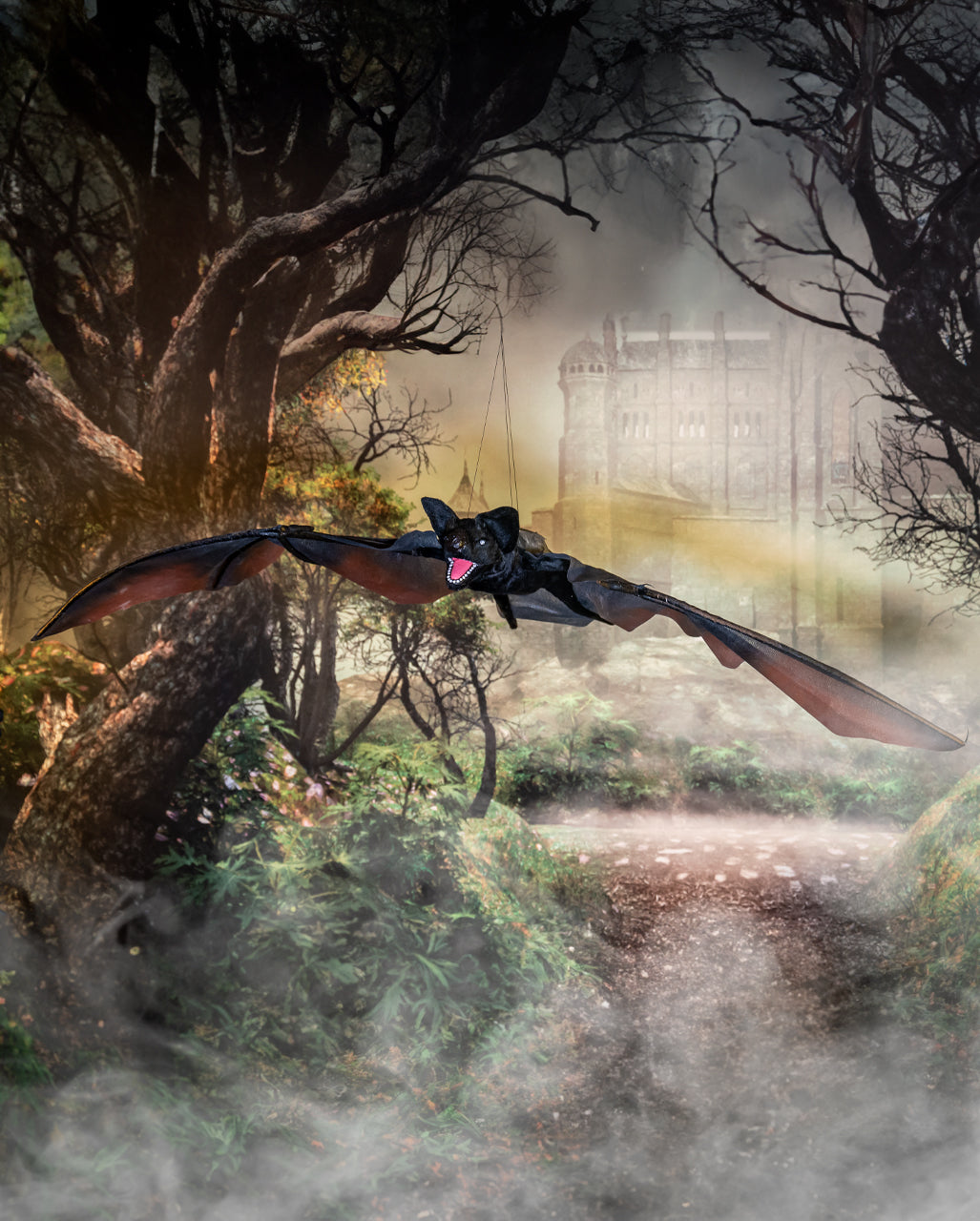 Schwarze Vampir Fledermaus mit Bewegung, Licht & Sound 122cm