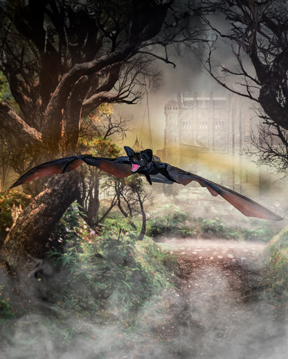 Schwarze Vampir Fledermaus mit Bewegung, Licht & Sound 122cm