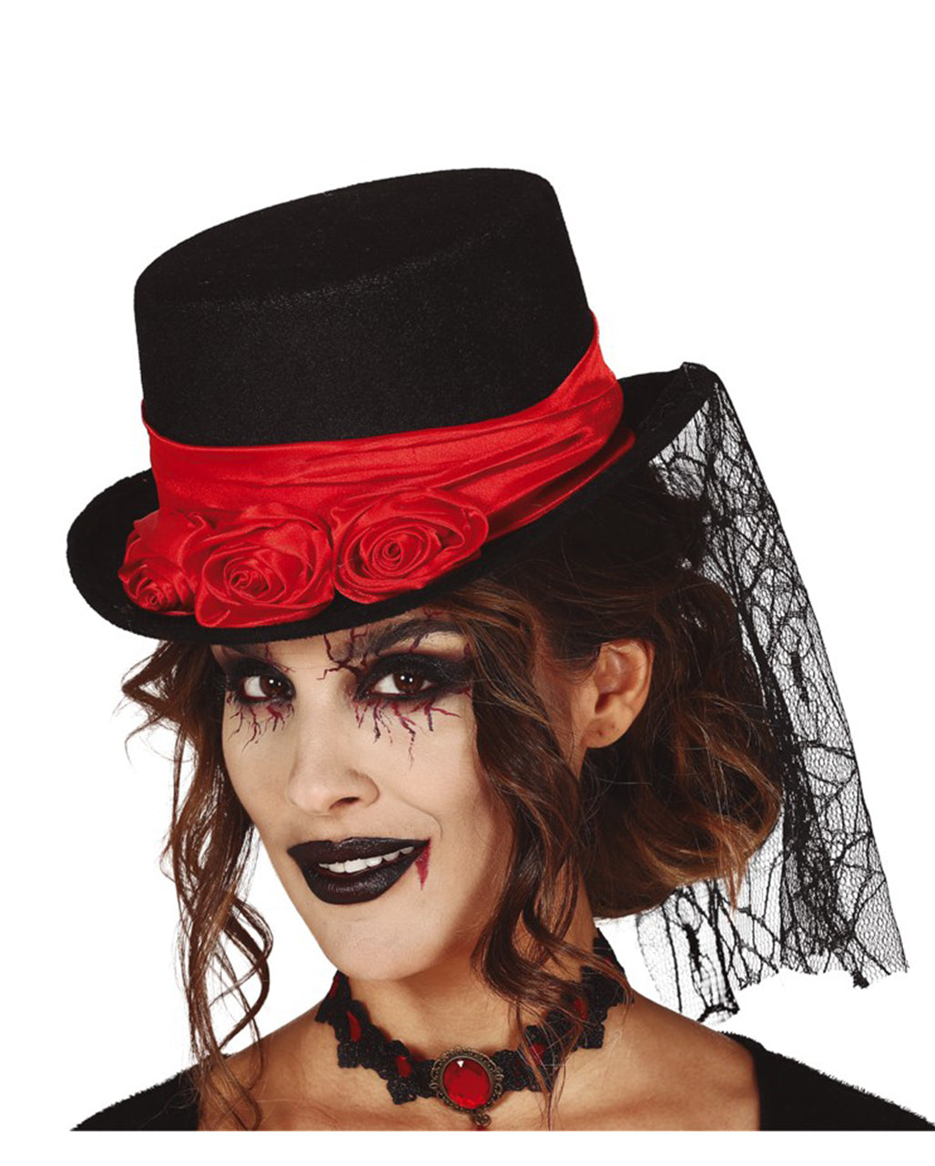 Vampire Top Hat With Roses & Lace Veil