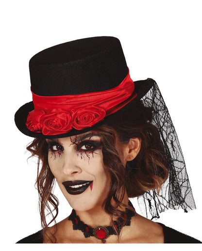 Vampire Top Hat With Roses & Lace Veil