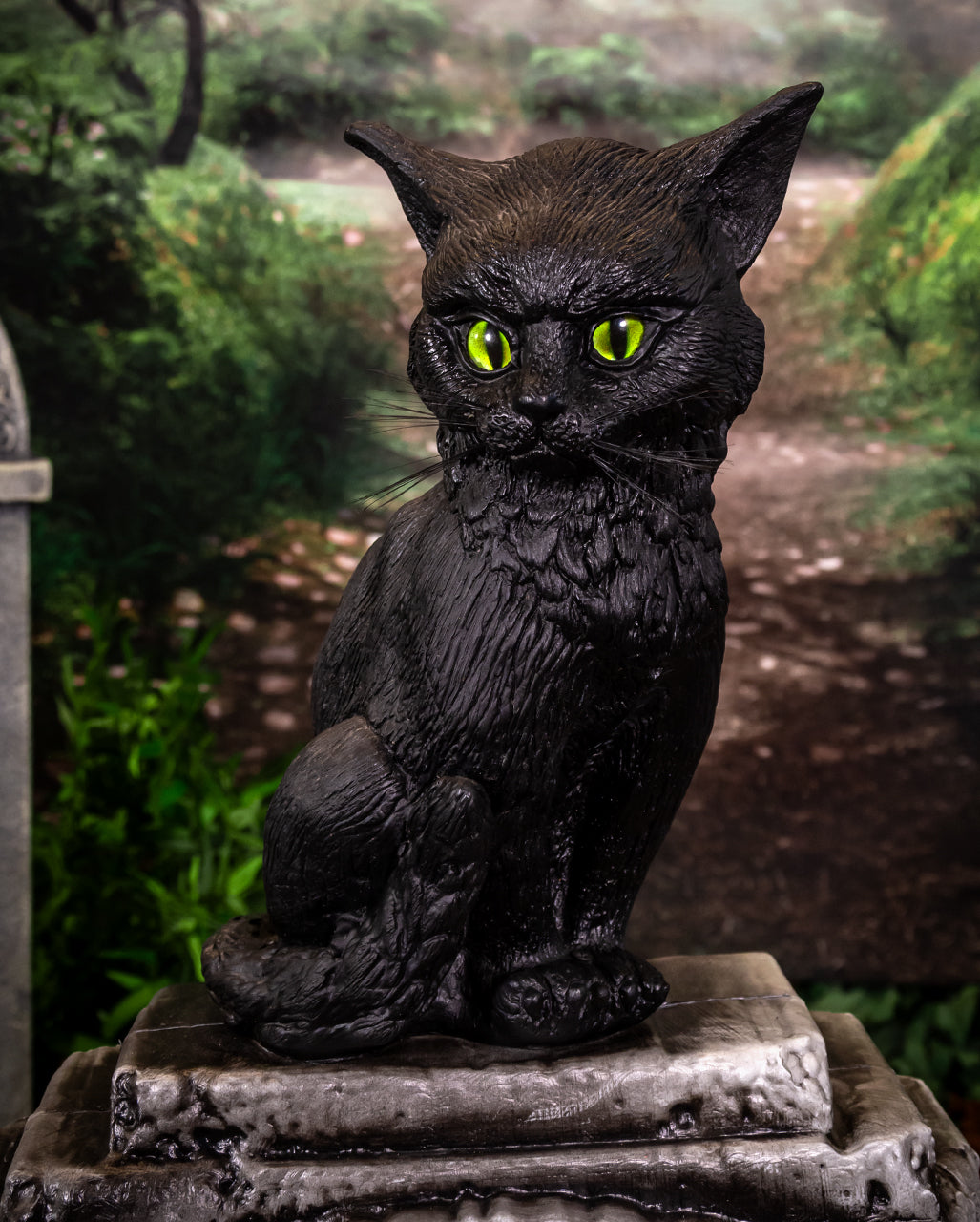 Verhexte Schwarze Katze mit Licht & Sound auf Grabstein 90cm