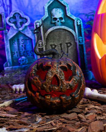 Verrotteter Halloween Kürbis mit Strunk & LED Licht 25cm
