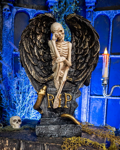 Weinender Skelettengel mit Flügeln & Grabstein 32cm