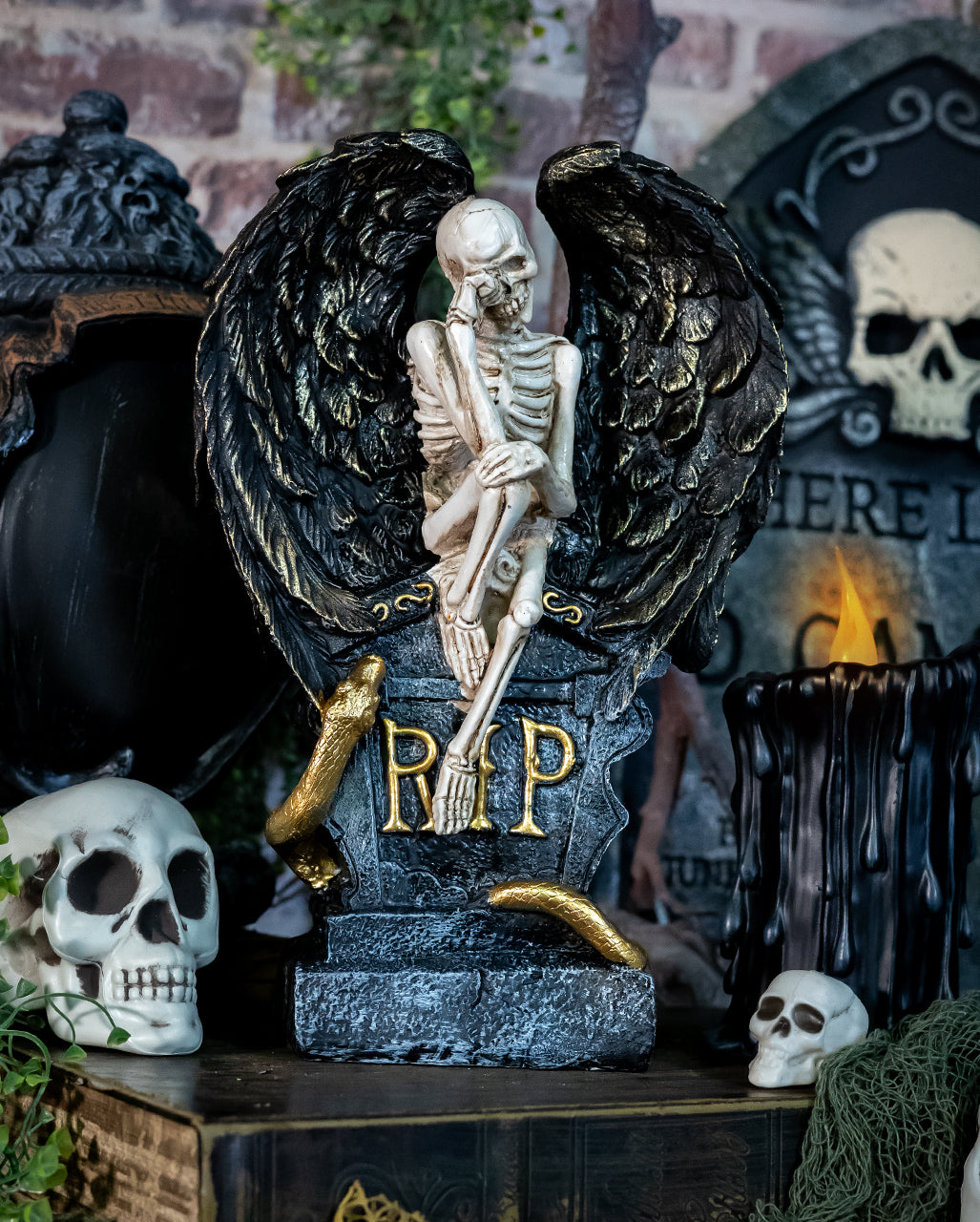 Weinender Skelettengel mit Flügeln & Grabstein 32cm