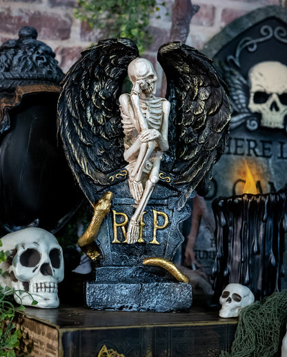 Weinender Skelettengel mit Flügeln & Grabstein 32cm