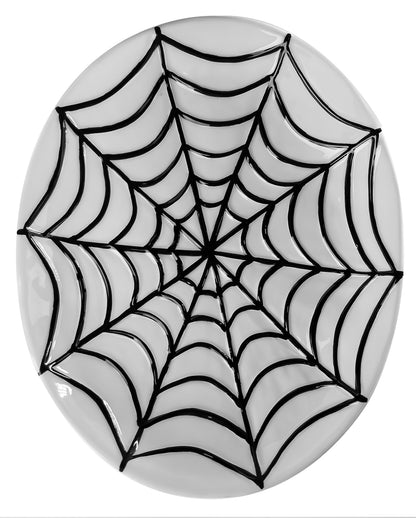 Weißer Ovaler Keramikteller mit Spinnwebe als Motiv 23cm