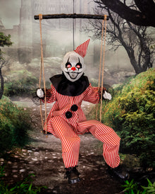 Zappelnder Horrorclown auf Schaukel Animatronic 70cm