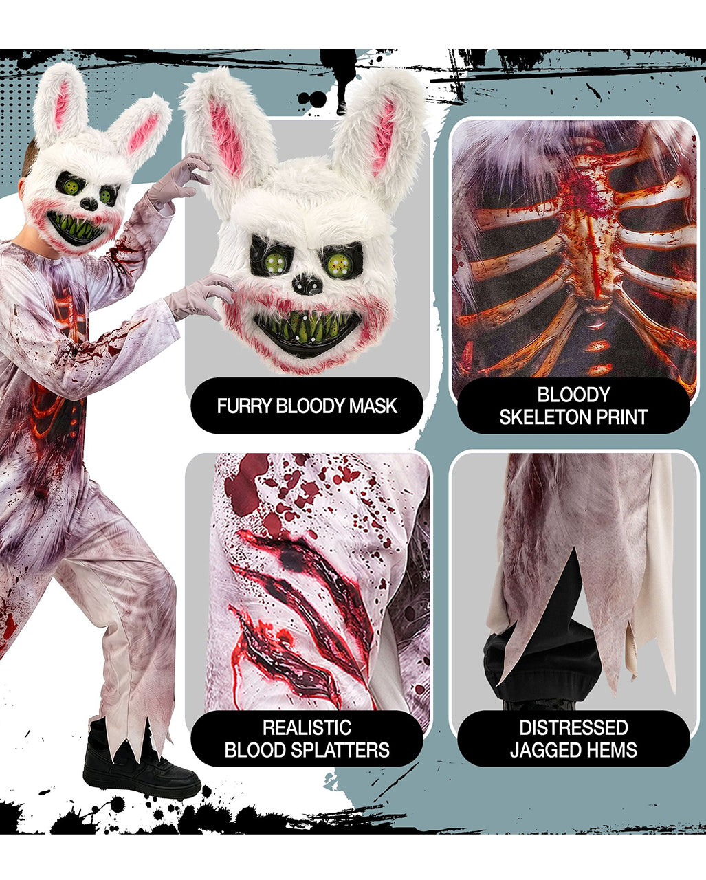 Zombie Hase Kinder Kostüm-Jumpsuit mit Maske