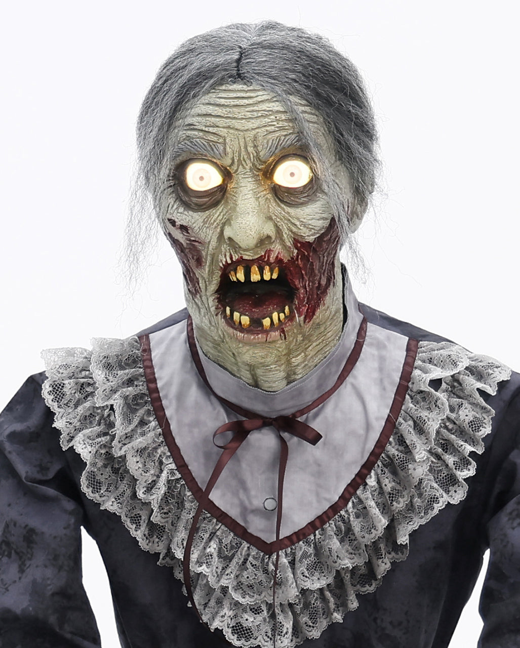 Zombie Oma mit geköpftem Zombie Opa Halloween Animatronic 152cm