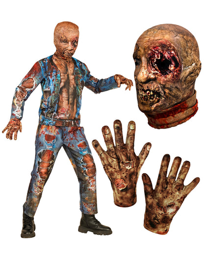 Zombie Schnellkostüm für Kinder mit Maske & Handschuhe